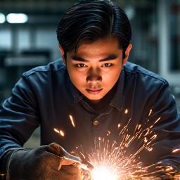 Master Fabricator Lee Ji-hoon, a skilled Korean man welding metal in a workshop.